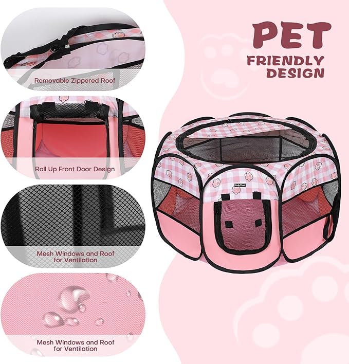 Lucky Monet Foldable Dog Playpen Cat Puppy Playpen Indoor Pop Up Pet Animal Playpen Outdoor Kennel Cage Pen Tent for Small Medium Dog Puppy Cat Kitten Rabbit - Small, Pink