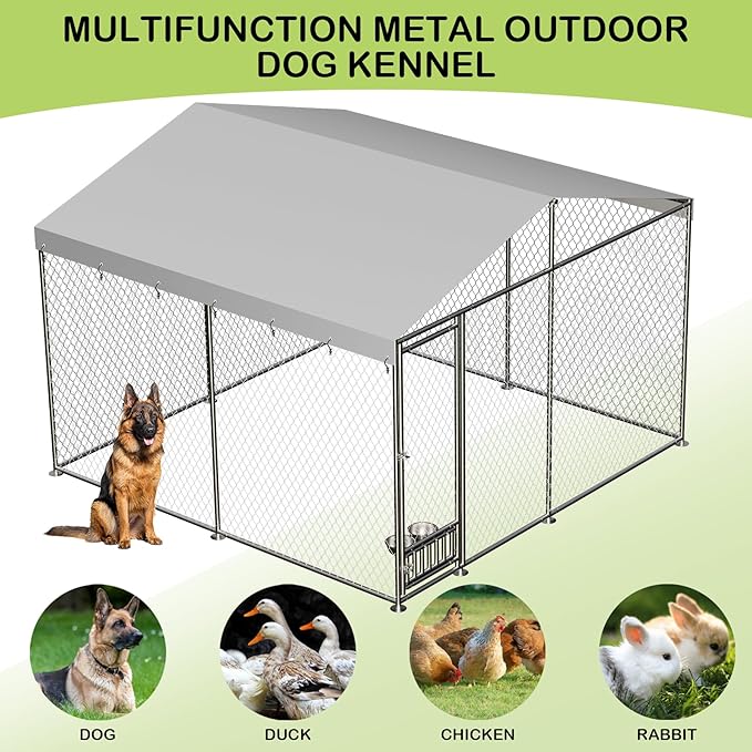 Dog Kennel Outdoor with Waterproof Canopy, Large Dog House with Feeding Doors, Large Dog Kennel Outdoor for Garden Backyard Courtyard(10×10×7FT)