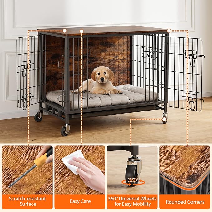 2024 Dog Crate Furniture, 38.6" Double-Doors Dogs Kennel Indoor with Removable Tray and Wheels, Wooden Dog Crates for Large Dogs, Large Dog Crate, Decorative Dog Cage End Table, Rustic Brown