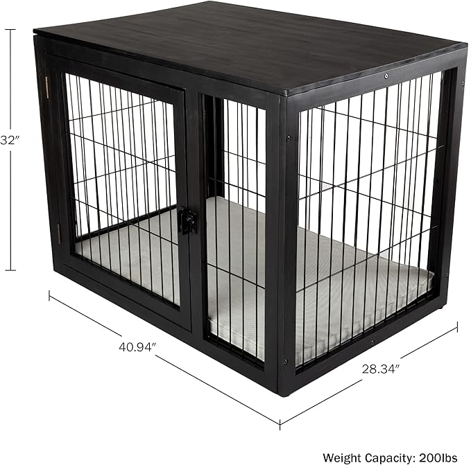 Furniture-Style Dog Crate - Acacia Wood Kennel for Large Dogs with Double Doors and Cushion - Dog Kennel Furniture by PETMAKER (Black)