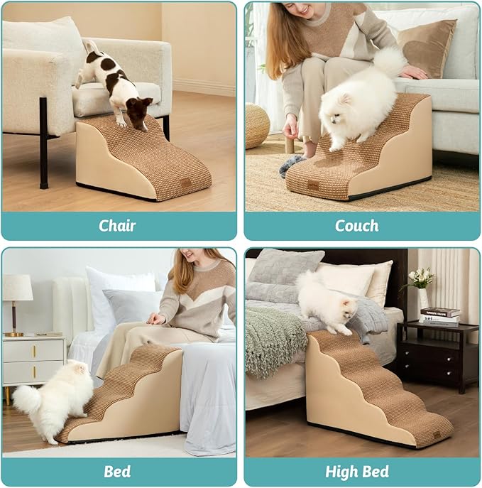 Dog Stairs for Small Dogs 19.7" H, Pet Step with Leakproof Cover, High Density Foam Cat Ramp for Bed, Couch or Sofa, Lightweight, Durable, Comfort, 15.7x28.3x19.7 inch, 4 Tiers, Light Brown
