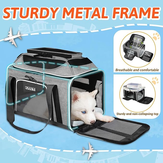 Petskd Top-Expandable Pet Carrier 17x12x8.5 Inches JetBlue Frontier Spirit Airline Approved, Soft-Sided Carrier for Small Cats and Dogs with Locking Safety Zippers and Anti-Scratch Mesh(Grey)