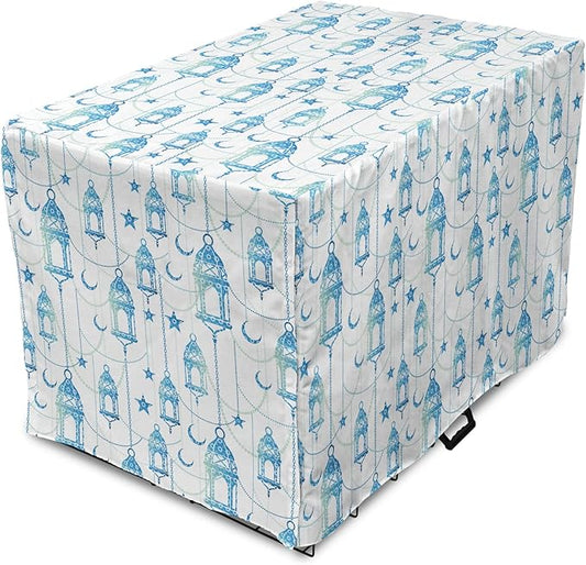 Lunarable Oriental Dog Crate Cover, Eastern Theme Celebration Pale Toned Composition Folkloric Look Print, Easy to Use Pet Kennel Cover for Small Dogs Puppies Kittens, 22 Inch, Pale Green White Blue