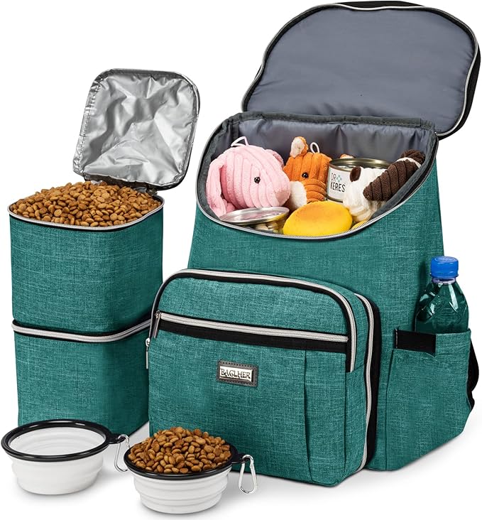 BAGLHER Travel Dog Backpack - Detachable Travel Dog Food Container for Pet Supplies Dog Gear Backpack,Dog Bag for Traveling with 2 Silicone Collapsible Bowls and 2 Food Baskets Green