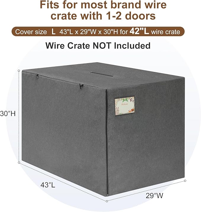 HiCaptain 42 inches Dog Crate Cover with Card Pocket, Heavy Duty Polyester Windproof Pet Kennel Cover Universal Fit for 1 or 2 Doors Standard Wire Crate (Grey)
