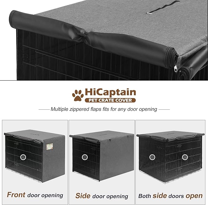 HiCaptain 48 inch Dog Crate Cover with Card Pocket, Heavy Duty Polyester Windproof Pet Kennel Cover Universal Fit for 1 or 2 Doors Standard Wire Crate (Grey)