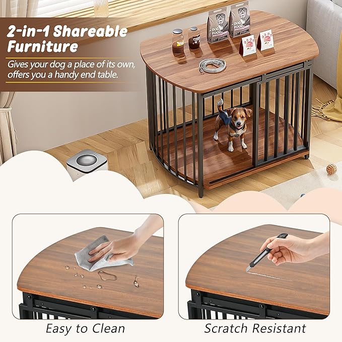 Merax 31.5" Furniture Style Dog Crate for Small and Medium Dogs, Wooden Cage Indoor Kennel Furniture, Modern Dog Crate End Table with Double-Doors, Brown