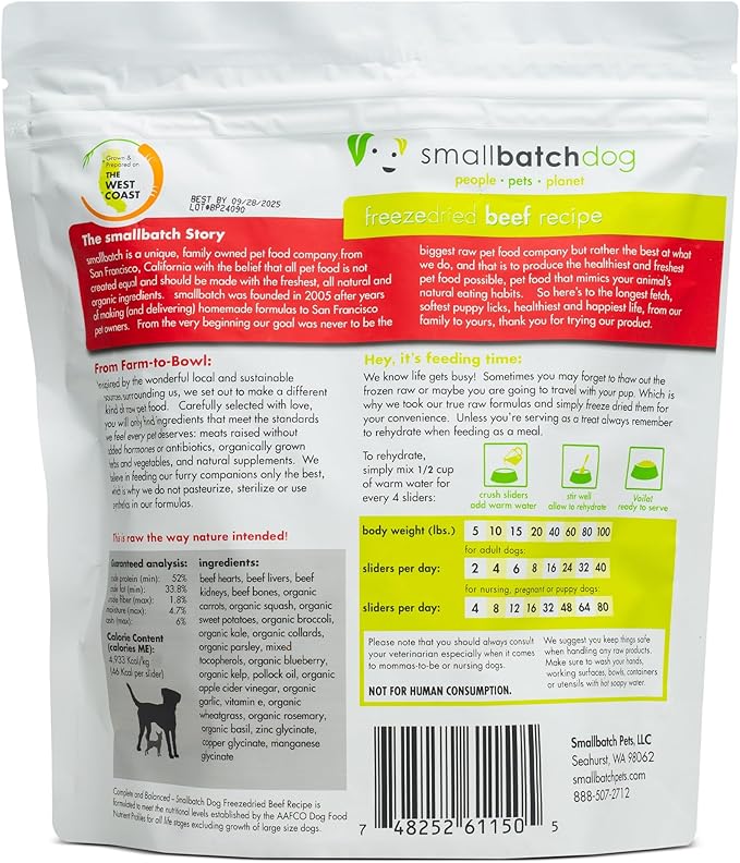 Smallbatch Pets Freeze-Dried Premium Raw Food Diet for Dogs, Beef Recipe, 14 oz, Made in The USA, Organic Produce, Humanely Raised Meat, Hydrate and Serve Patties, Single Source Protein, Healthy