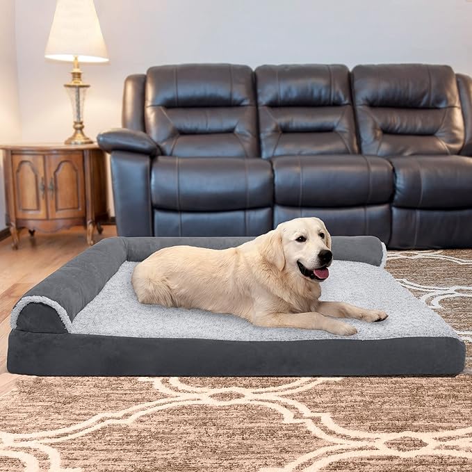 Furhaven Memory Foam Dog Bed for Large Dogs w/ Removable Bolsters & Washable Cover, For Dogs Up to 125 lbs - Two-Tone Plush Faux Fur & Suede L Shaped Chaise - Stone Gray, Jumbo Plus/XXL