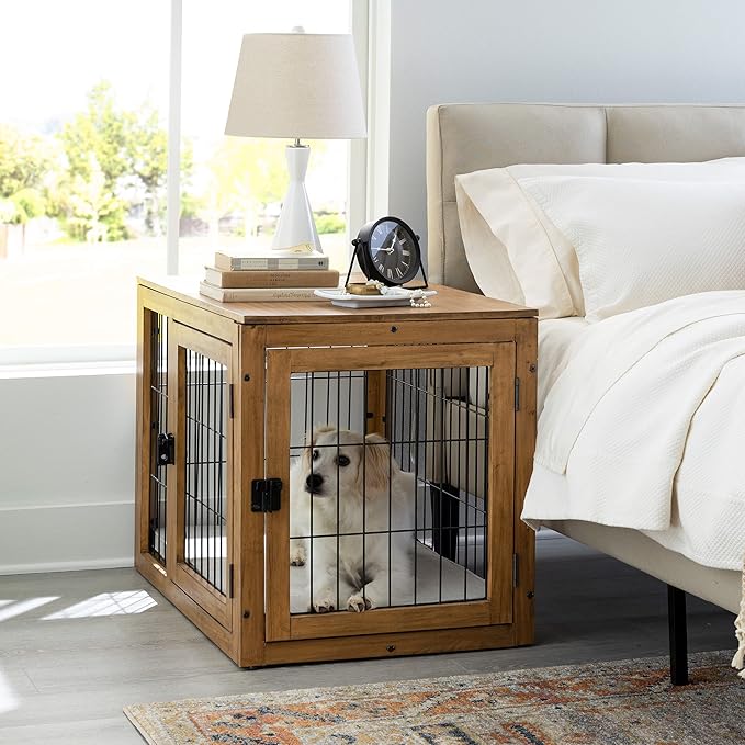 Furniture-Style Dog Crate - Acacia Wood Kennel for Medium Dogs with Double Doors and Cushion - Dog Cage Furniture by PETMAKER (Natural)