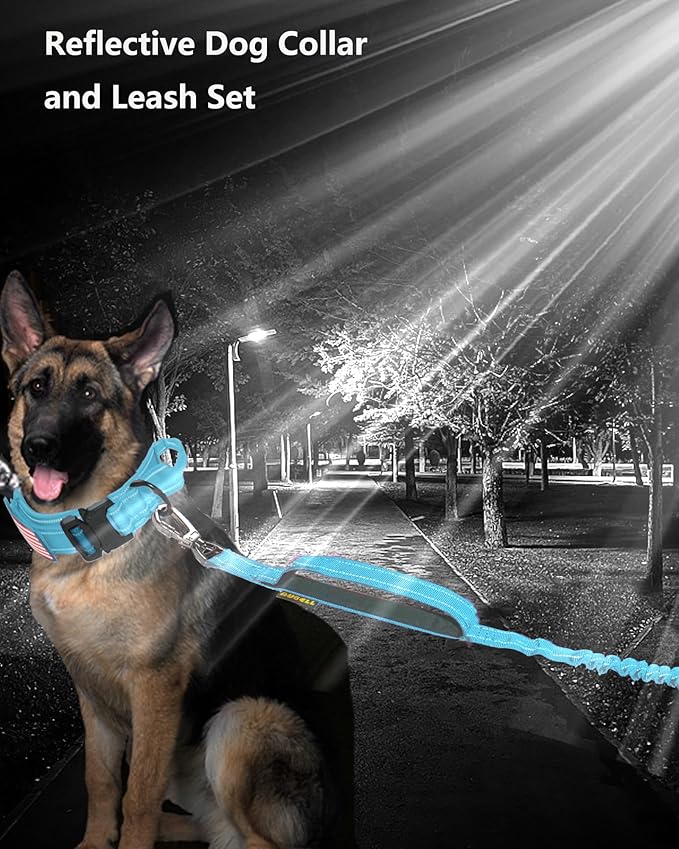 AUBELL Tactical Dog Collar and Leash Set, Adjustable Military Nylon Reflective Dog Leash and Collar with Handle and Heavy Metal Buckle for Medium Large Dogs, with Airtag Holder and 2 Patches(Blue, M)