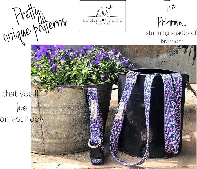 Lucky Love Dog, Comfortable, Soft, Cute Female Dog Collar for Medium Dogs, Black & Purple Floral Print, Adjustable Nylon Collar, Primrose, Medium