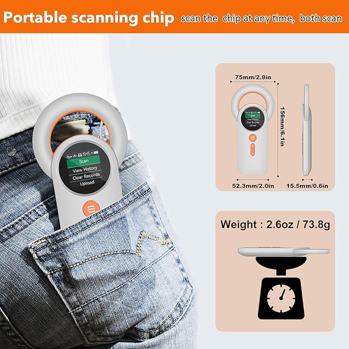 Pet Microchip Scanner Rechargeable RFID EMID Micro Chip Reader Scanner (2.4GHz Wireless+Bluetooth+USB) All in one 1.44” TFT Screen Display ISO11784 / ISO11785 / FDX-B and EMID for Animal/Pet/Dog/Cat