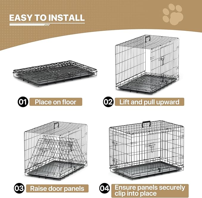 MoNiBloom 24/30/36/42/48 Dog Crates, Foldable Metal Wire Dog Cage with Double-Door, Outdoor Indoor Pet Kennels, Includes Leak-Proof Pan, Divider Panel, Black, 30"