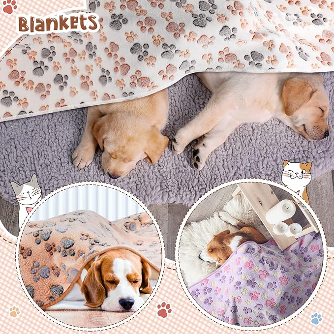 Tatuo 4 Pcs Dog Blanket Pet Puppy Blanket Puppy Teething Toys Paw Print Fleece Blanket for Pet Cat Soft Warm Sleep Mat Guinea Pig Cage Blanket(XXXX-Large(72 x 72 Inch),White, Coffee, Pink, Purple)