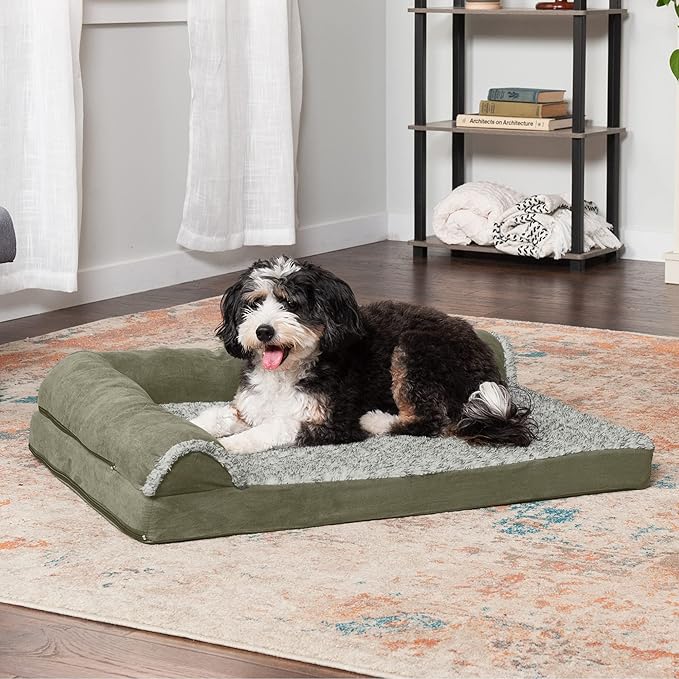 Furhaven Orthopedic Dog Bed for Large/Medium Dogs w/ Removable Bolsters & Washable Cover, For Dogs Up to 55 lbs - Two-Tone Plush Faux Fur & Suede L Shaped Chaise - Dark Sage, Large
