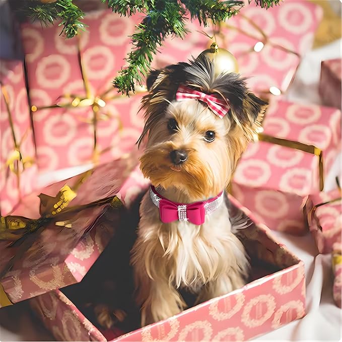 Bling Small Dog Collars for Female Dogs, Christmas Rhinestone Dog Collar with Bow tie, Crystal Jeweled Girl's Cat Collars Sparkling Glitter for XXS XS Small Dogs,Red,S
