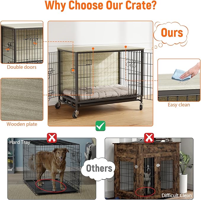 Dog Crate Furniture, 38.6" Wooden Dog Crate with Double Doors & Wheels, Upgraded Kennel End Table, Indoor Cage for Small/Medium/Large Dog, Rustic Grey