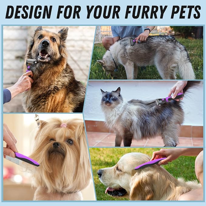 Pet Grooming Brush and Metal Comb Combo - Undercoat Rake for Dematting and Deshedding Long Matted Haired Dogs and Cats, Purple