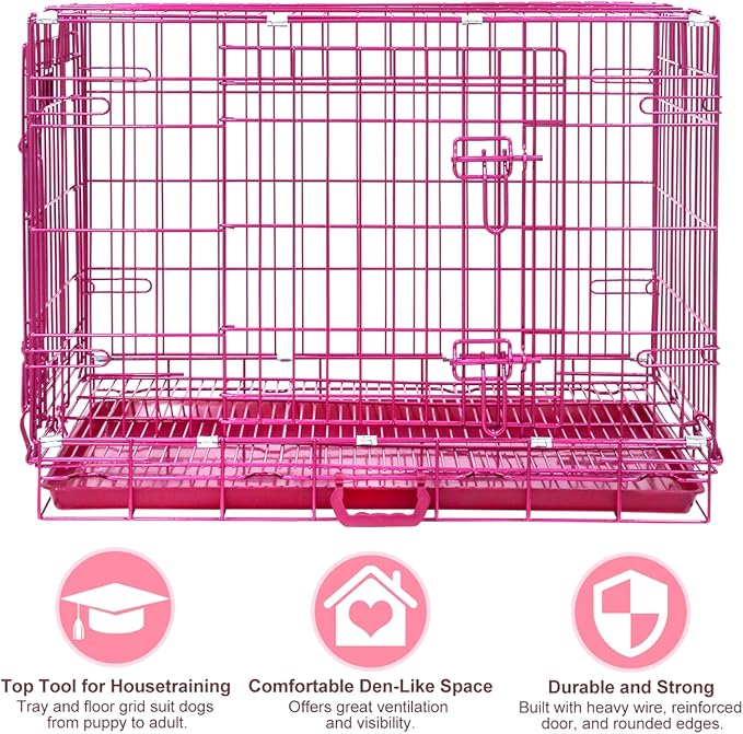 Homey Pet Large Dog Cage, Collapsible Dog Crates for Medium Dogs, Nano-Coating Metal Wire XL Big Dog Kennel Indoor with Removable Floor Grid and Tray, Double Doors, GOLD42+PINK30 Bundle