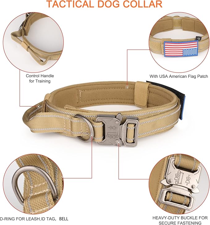 KCUCOP Tactical Dog Collar, Heavy Duty Dog Collar with Handle and Metal Buckle, Military Thick Dog Collars for Medium and Large Dogs(Brown-Reflective Set-L, 1 Patch)