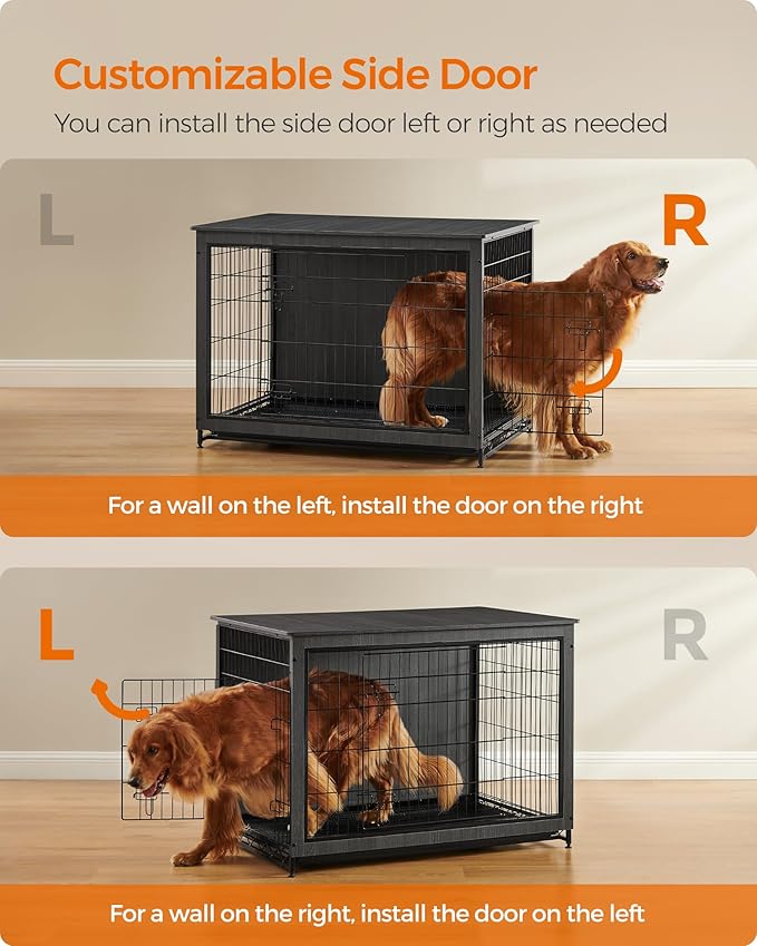 Feandrea Dog Crate Furniture, 44.1" Side End Table, Modern Kennel for Dogs Indoor up to 80 lb, Heavy-Duty Dog Cage with Multi-Purpose Removable Tray, Double-Door Dog House, Ink Black UPFC004B01
