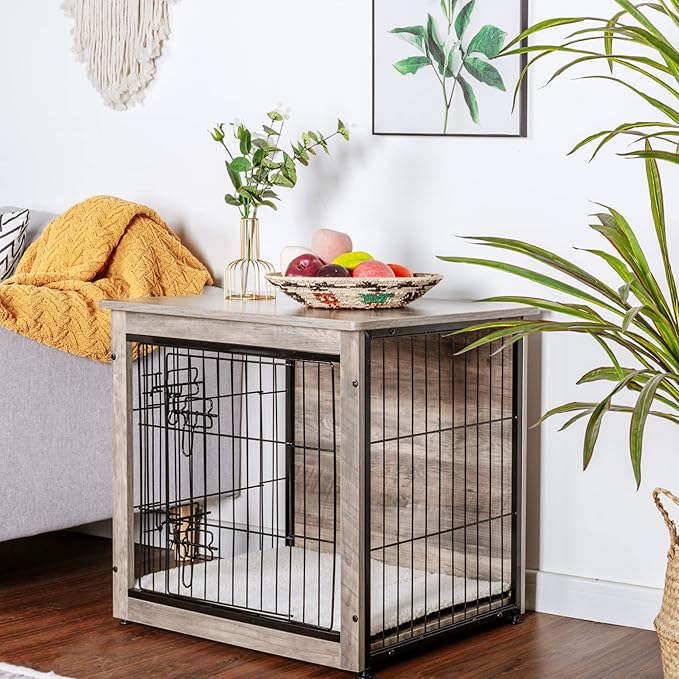 DWANTON Dog Crate Furniture with Cushion, Wooden Dog Crate with Double Doors, Dog Furniture, Dog Kennel Indoor for Small/Medium/Large Dog,End Table, Small, 27.2" L, Greige