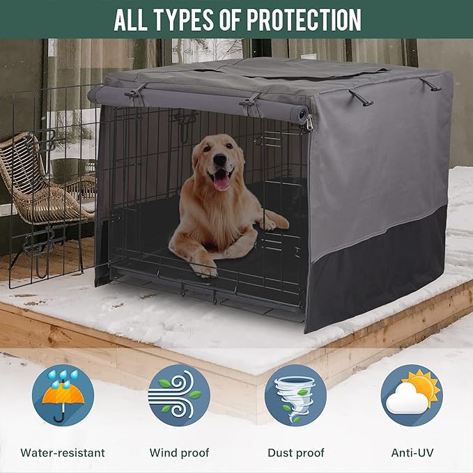 Rachmi Privacy Dog Crate Cover 42 Inch, Durable 600D Canvas Water Resistant Windproof Pet Kennel Cover for Universal Wire Crate with Double Doors, (43”Lx29”Wx31”H, Gray/Black)