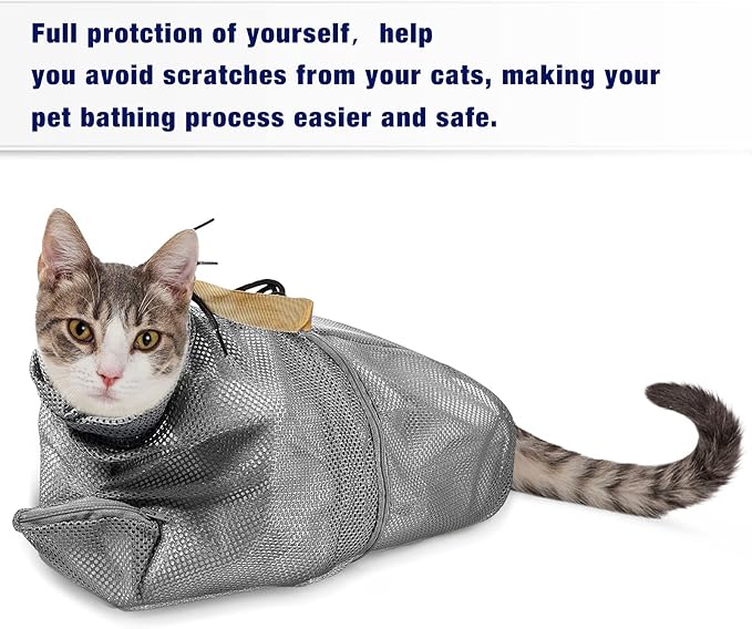 Weewooday 2 Pieces Cat Grooming Washer Mesh Bag Cat Muzzles Breathable Mesh Muzzles Adjustable Kitten Scratch Resistant Kitty Restraint Clothes Kitty Bath Bag for Bathing Nail Trimming Feeding(Gray)