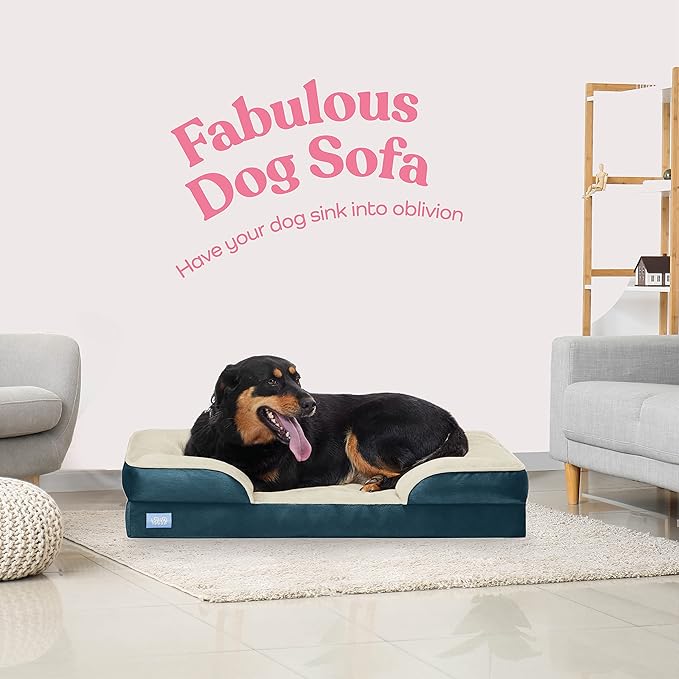 Orthopedic Sofa Dog Bed - Ultra Comfortable Dog Bed for Large Dogs - Breathable & Waterproof Pet Bed- Egg Foam Sofa Bed with Extra Head and Neck Support - (Large, Blue & White)