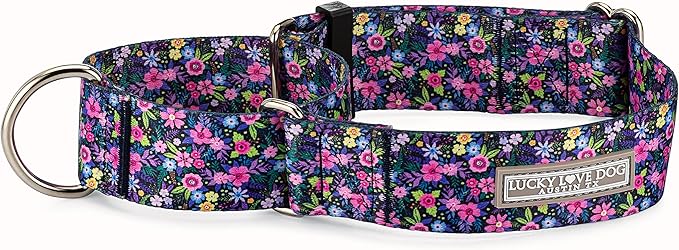 Lucky Love Dog Wide Martingale Dog Collar - No-Slip, Durable, & Soft Webbing 1.5 inch Martingale Collar for Dogs Male and Female - Ideal for Training & Walking, Stylish Primrose Pattern, Large Size