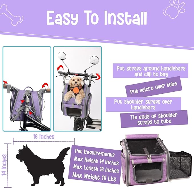 Dog Bike Basket, Mesh Windows, 2 Safety Leashes, Soft Sided, Safe Comfortable Pet Carrier for Small Dogs, Cats (Purple)