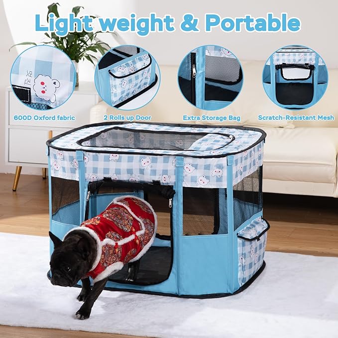 Portable Pet Playpen Cat Cages Indoor, 35.4" L x 27.6" W x 23.6" H Collapsible Dog Crates Made of 600D Oxford Material Tent Kennel Playpen for Dogs Cat and Rabbit Travel Dog Playpen Indoor (L, Blue)