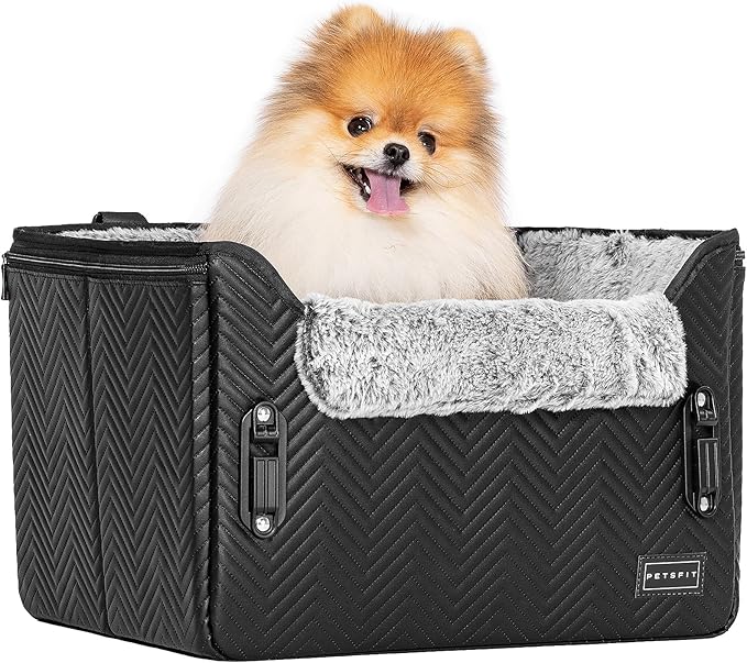PETSFIT Dog Car Seat, Waterproof PU Leather Dog Carseat with Patented Safe Buckles, Clip-On Leash, Pet Travel Carrier Bed for Small Pets Up to 25lbs (Black)