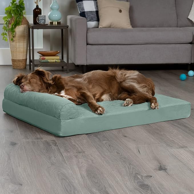 Furhaven Memory Foam Dog Bed for Large Dogs w/ Removable Bolsters & Washable Cover, For Dogs Up to 95 lbs - Pinsonic Quilted Paw L Shaped Chaise - Iceberg Green, Jumbo/XL