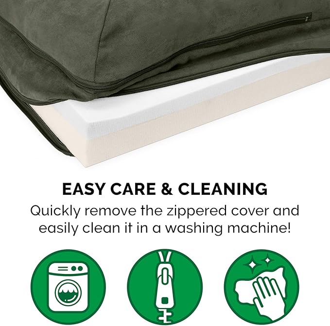 Furhaven Memory Foam Dog Bed for Medium/Small Dogs w/ Removable Bolsters & Washable Cover, For Dogs Up to 35 lbs - Two-Tone Plush Faux Fur & Suede L Shaped Chaise - Dark Sage, Medium