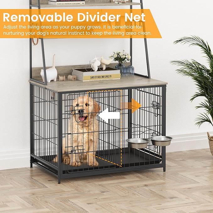 Dog Crate Furniture, 57 Inch Dog Kennel Furniture with Storage Shelves and Removable Tray, Indoor Dog House with 2 Doors and 2 Adjustable Bowls, Gray