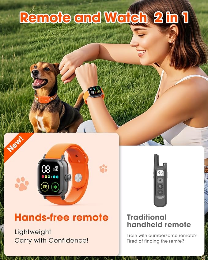 Jugbow Dog Training Collar with Watch-Style Remote, 3300FT Waterproof IPX7 E-Collar, IPX7 Hand-Free Remote 24H Time Display, Electric Vibration Beep Collars for 10-120 lb Small Medium Large Dogs
