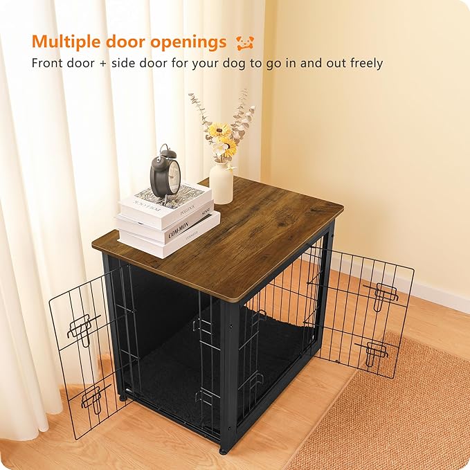 DWANTON Dog Crate Furniture with Cushion, Wooden Dog Crate with Double Doors, Dog Furniture, Dog Kennel Indoor for Small Dog,End Table, 27.2" L, Black+Warm Brown