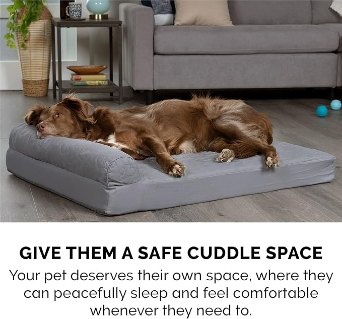 Furhaven Memory Foam Dog Bed for Large/Medium Dogs w/ Removable Bolsters & Washable Cover, For Dogs Up to 55 lbs - Pinsonic Quilted Paw L Shaped Chaise - Titanium, Large