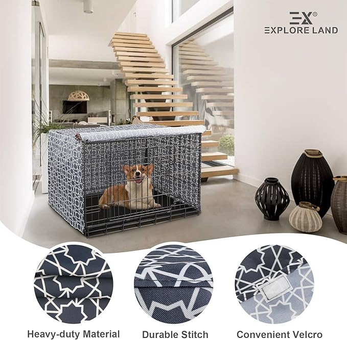 Explore Land Pattern Dog Crate Cover for 54 Inches Wire Cage, Heavy-Duty Polyester 1 2 3 Doors Standard Metal Pet Kennel Enclosure (Morocco)