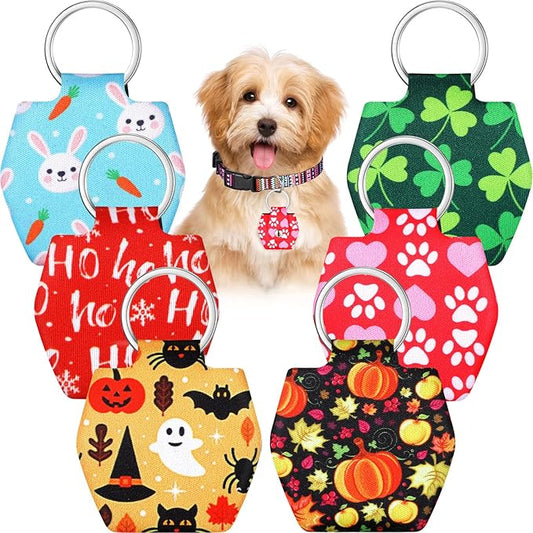 Reginary 6 Pieces Dog Tag Holder Portable Pet ID Tag Soundless Dog Tag Silencer Bag Dog Tag Cover with Rings Quiet Dog Tag Bag Protector for Dogs Cats Pets (Festival Style)