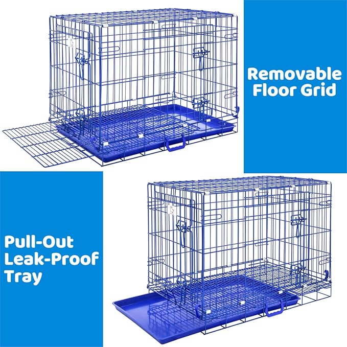 Homey Pet Dog Crates for Medium Dogs, Collapsible Small Dog Cage, Nano-Coating Metal Wire Dog Kennel Indoor with Removable Floor Grid and Tray, Double Doors Dual Locks, GOLD36+BLUE30 Bundle