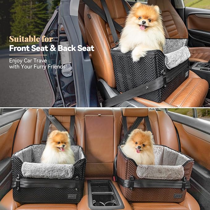 PETSFIT Dog Car Seat, Waterproof PU Leather Dog Carseat with Patented Safe Buckles, Clip-On Leash, Pet Travel Carrier Bed for Small Pets Up to 25lbs (Black)