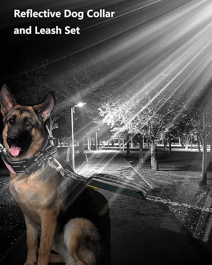 AUBELL Tactical Dog Collar and Leash Set, Adjustable Military Nylon Reflective Dog Leash and Collar with Handle and Heavy Metal Buckle for Medium Large Dogs, with Airtag Case and 2 Patches(Black, L)