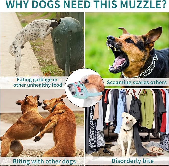 Dog Muzzle for XL Large Dogs, Soft Nylon Print Muzzle Anti Biting Barking Chewing, Air Mesh Breathable Drinkable Adjustable Pet Muzzle for Medium Large Dogs Cyan Flower XL