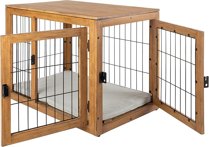 Furniture-Style Dog Crate - Acacia Wood Kennel for Large Dogs with Double Doors and Cushion - Dog Kennel Furniture by PETMAKER (Natural)