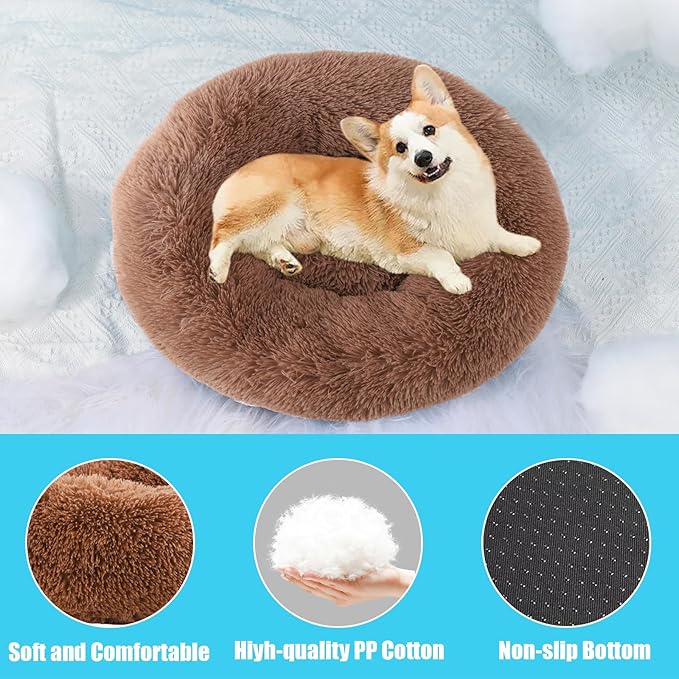 HYQ Small Dog Bed, Pet Beds for Small Dogs, Cat Beds for Indoor Cats, Fluffy Faux Fur Plush Small Dog Bed, Washable Puppy Bed with Anti-Slip Bottom, Dog Bed Small Size Dog (Khaki, 24 Inch)