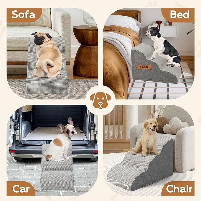 Romrol Dog Stairs Ramp for Beds Couches, Extra Wide Pet Steps with Durable Non-Slip Waterproof Fabric Cover, Pets Slope Stairs, 3-Tiers,Light-Grey