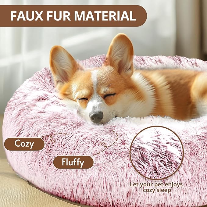 JOLLYVOGUE Donut Dog Bed for Medium Dogs, Anti-Anxiety Washable Round Bed, Calming Donut Dog Cat Bed for Puppy Bed, Fluffy Dog Beds for Large Dogs, Round Puppy Bed for Indoor Pet (31"/Smoke Pink